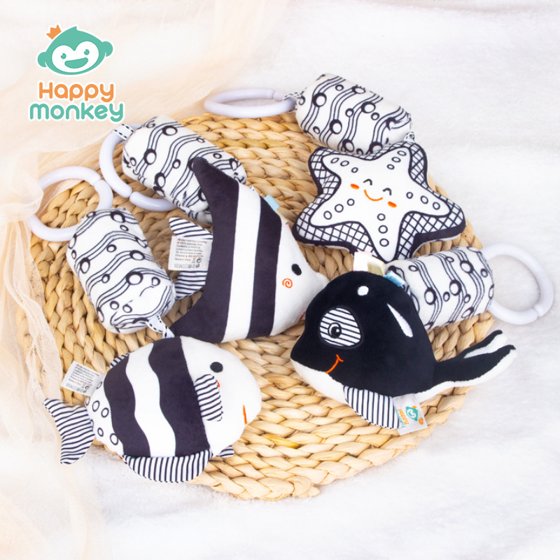 Juguete colgante para cuna Happymonkey, en blanco y negro, para recién nacidos, con campanas de viento, estimulación visual, juguete educativo temprano para bebés.