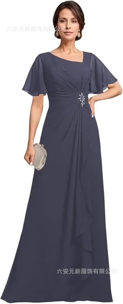 Vestido de novia de gasa de Amazon vestido de madre mariposa de manga corta plisada larga aplicación vestido de invitado de boda