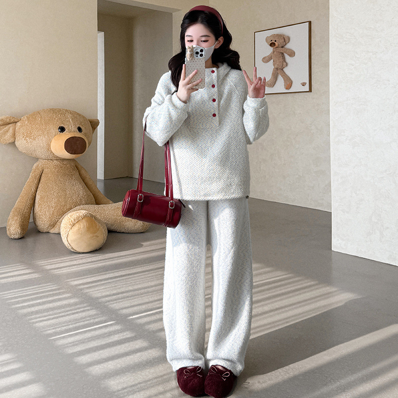 现货秋冬季新款韩版休闲孕妇装慵懒风加厚卫衣连帽孕妇套装两件套|undefined