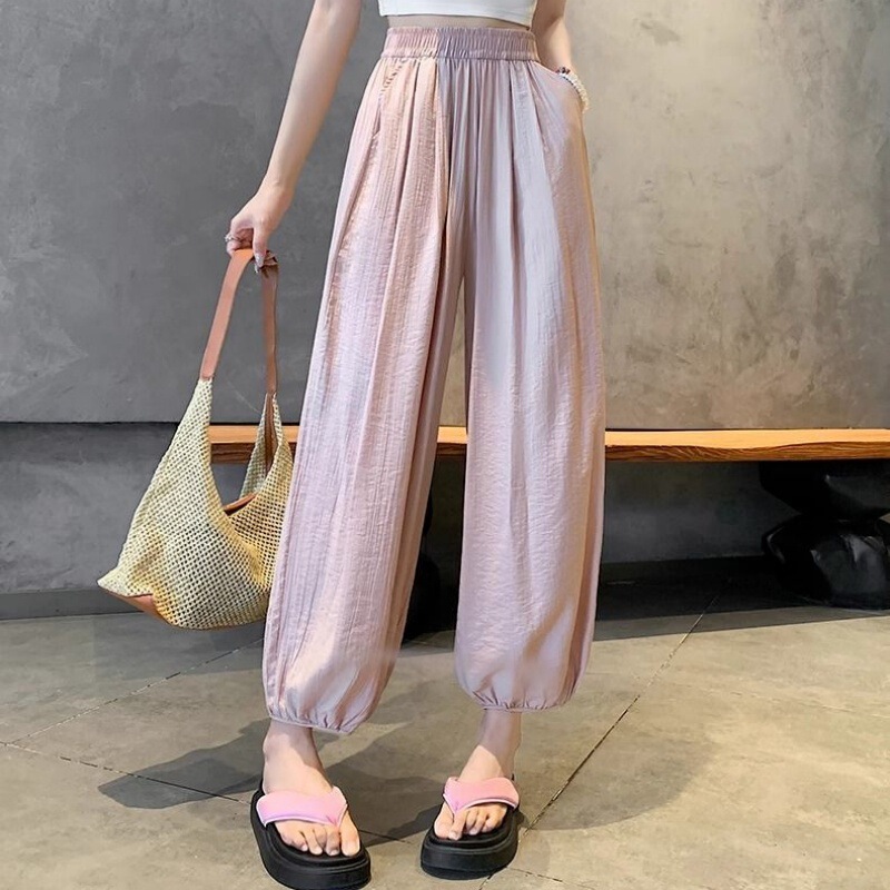 2026 New Summer Thin Casual Women's High-Waisted Loose-Fitting Cool Pants with Cuffed Hems, Harem Nine-Point Pants