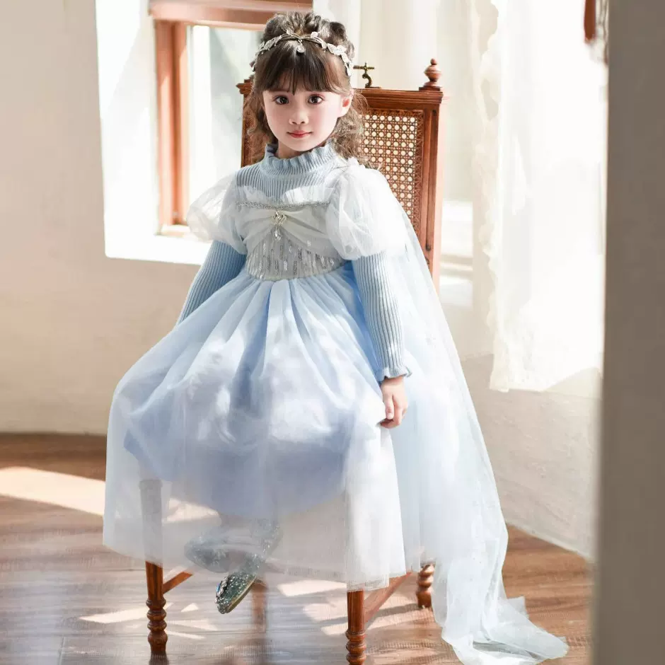 2024女童秋冬新冰雪奇缘爱莎长袖毛衣公主连衣裙儿童万圣节礼服裙
