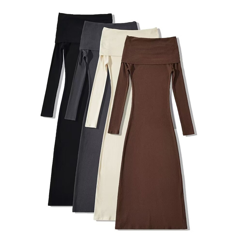 YPFF trendy women's off-shoulder brushed knitted dress autumn new sweater hip skirt long bottoming skirt