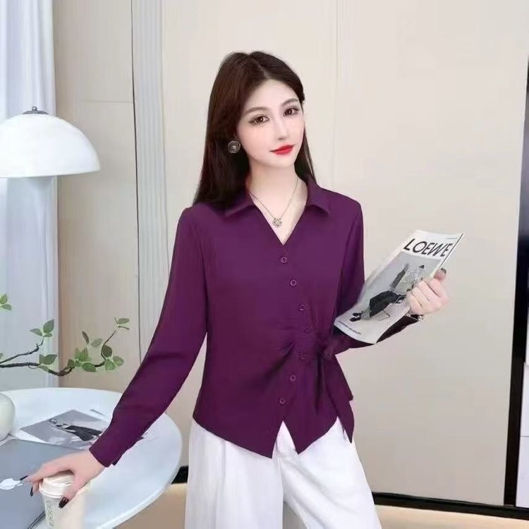 一件代发2025年秋季新款设计感衬衫时尚长袖不规则系带收腰上衣女|undefined