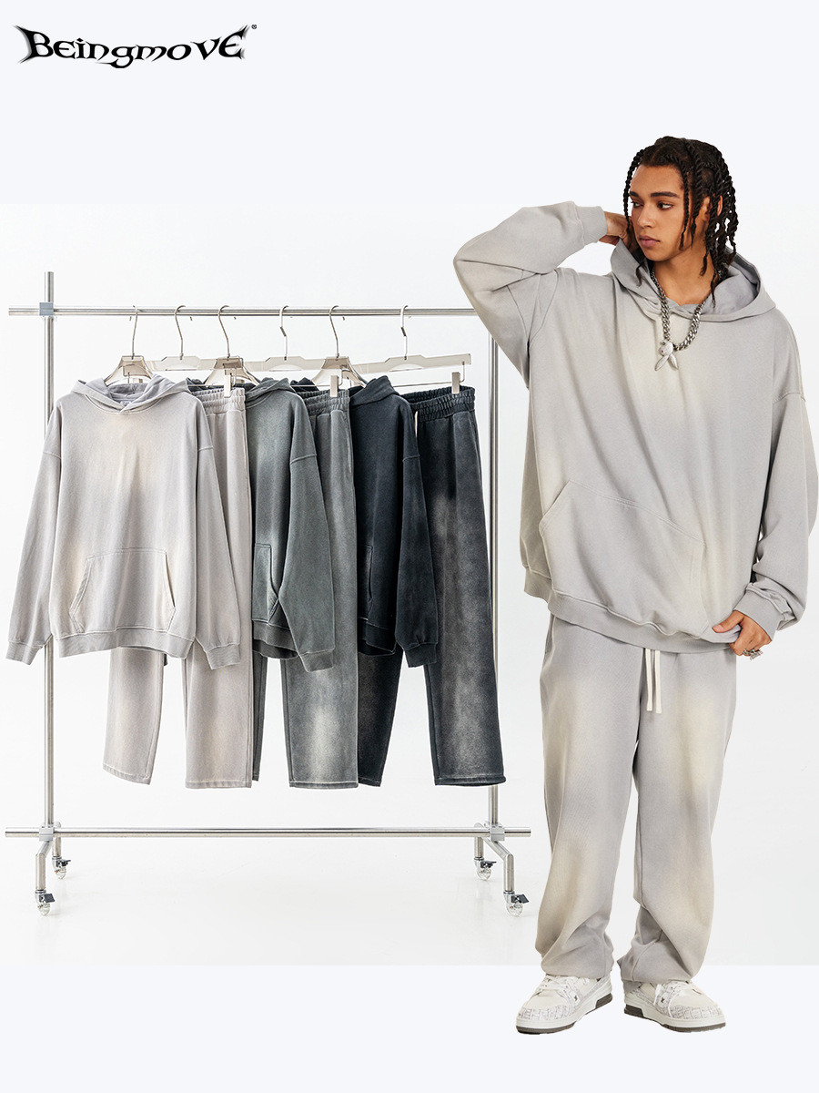Impresora de marcas| 2025 otoño High Street 370G lavado con agua para hacer viejos trajes sueltos casuales sudaderas encapuchadas