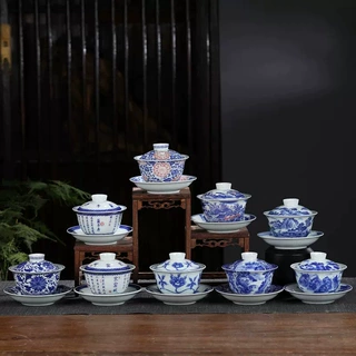 景德镇仿古泥青花瓷盖碗青花釉里红三才碗八宝泡茶碗茶具茶杯茶备