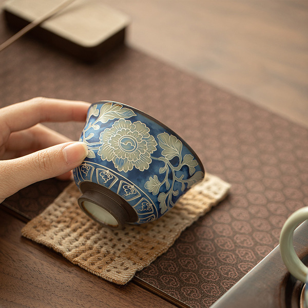 Yuan blue and white Ru kiln peony tea cup master cup guest cup…