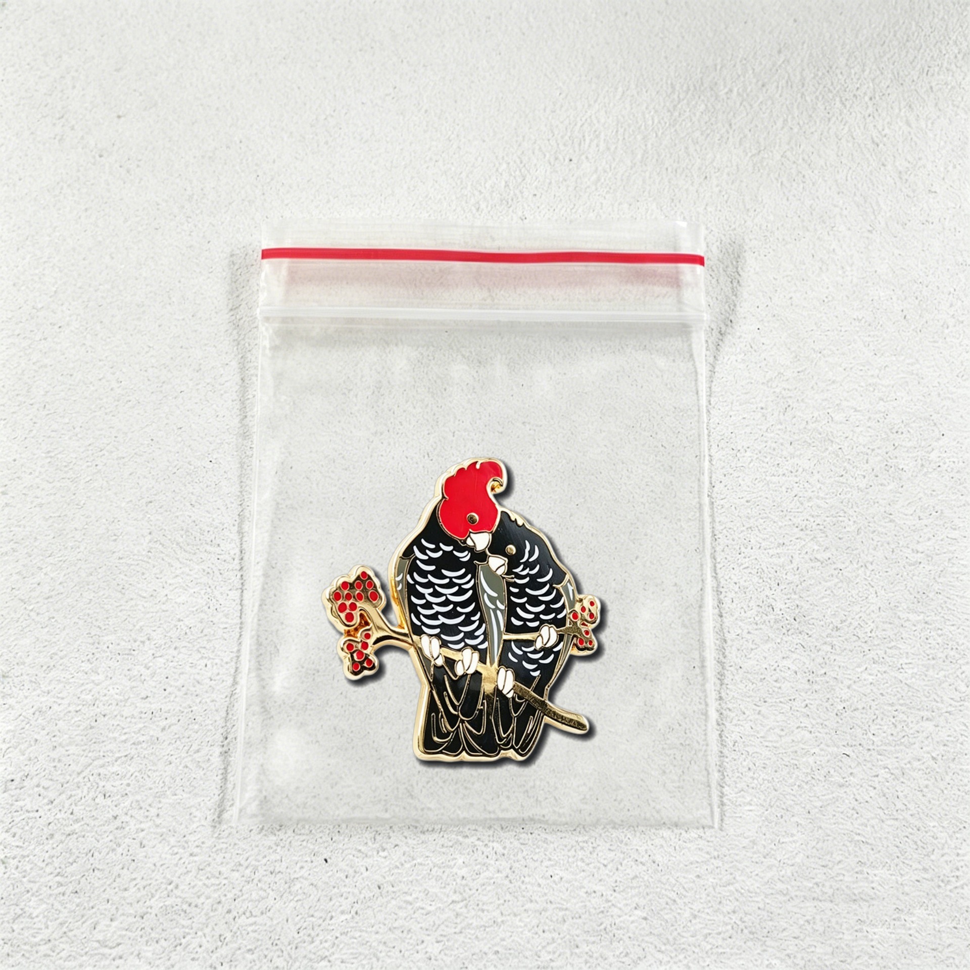 Australian Red-Crowned Black Cockatoo Enamel Badge Perched on Red Berries Brooch Cultural Creative Metal Brooch Accessory