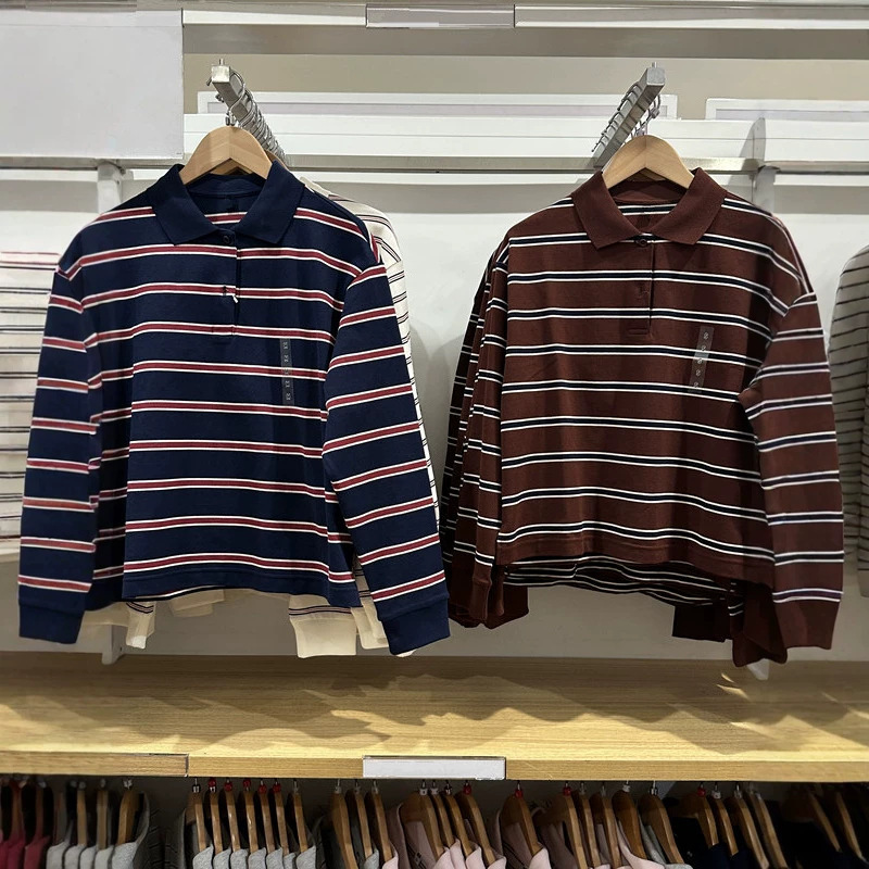 Women's Clothing 26 Autumn New Casual Striped POLO Shirt Loose Long Sleeve T-Shirt Top Base Shirt 489060/489061