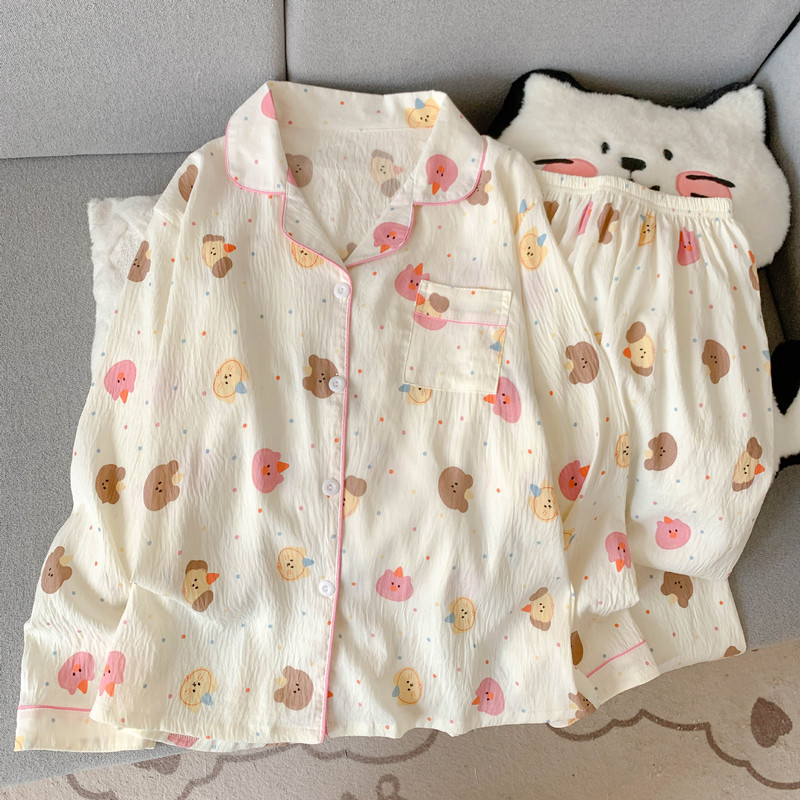 工厂直销云朵棉新款睡衣女长袖长裤开衫翻领卡通大码家居服套装|undefined