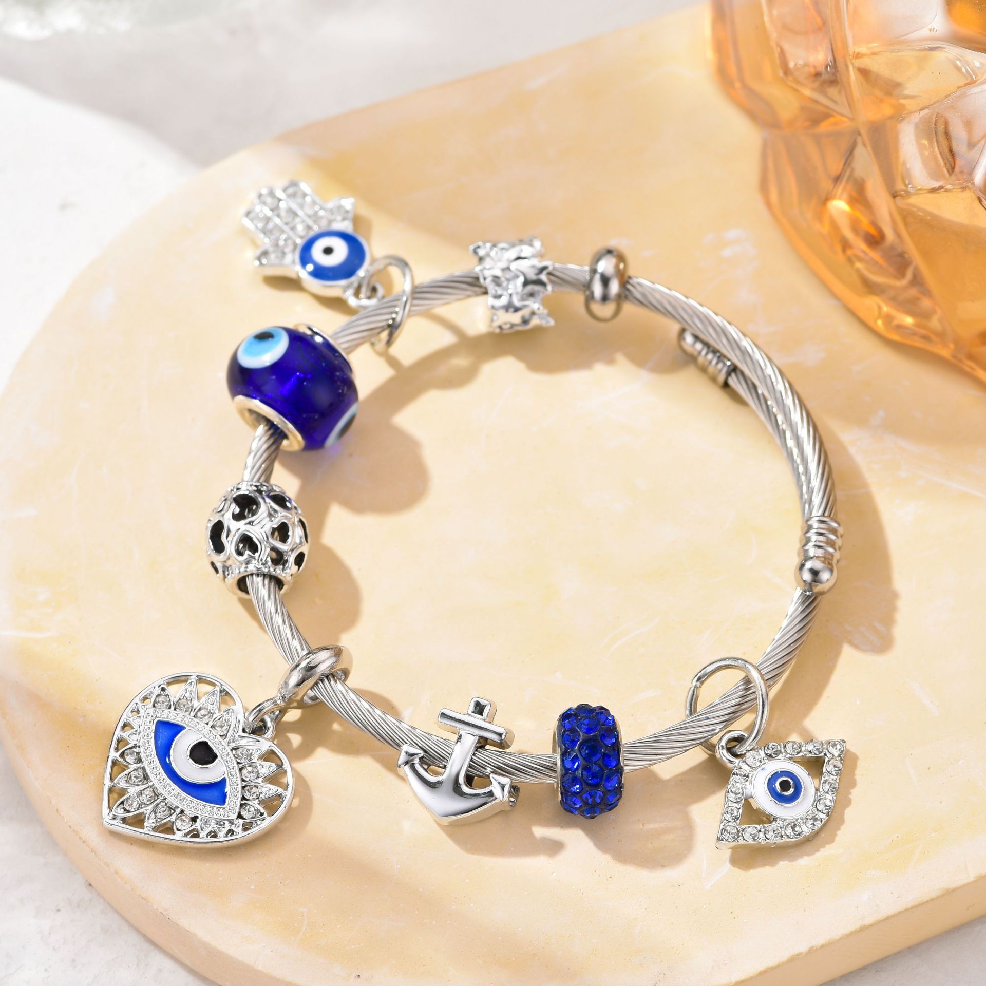 Blaues Auge Hand Herz Perlenarmband Handgefertigter Schmuck_voghion.com
