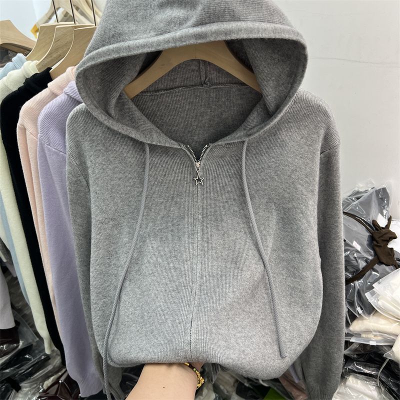 Solid Color Double Zipper Hooded Long-Sleeved Knitwear Cardigan Women's Tops 2025 Spring and Summer New Casual Outer Knitwear Women