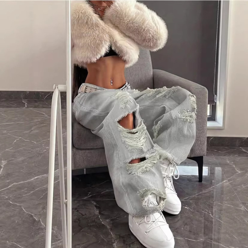 2026 Spring/Summer Trendy Loose Straight-Leg Korean Style Versatile Ripped Patchwork Jeans