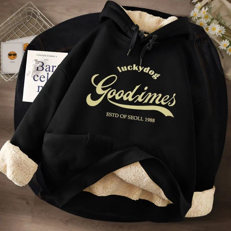 Damenbekleidung Plüsch-Sweatshirt für Herren im Herbst und Winter, dick, locker, große Lammfelljacke mit Kapuze, Oberteile für Herren_voghion.com