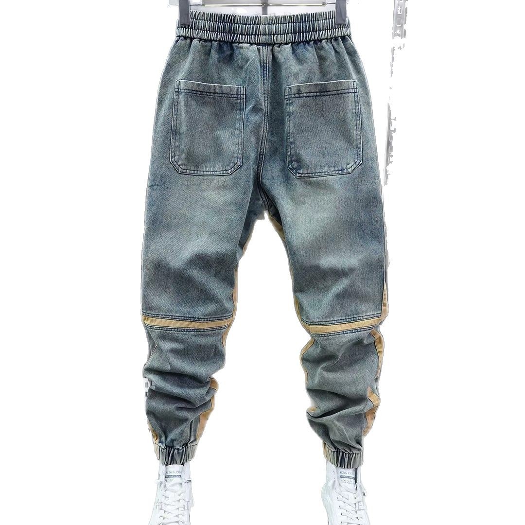 Men's Slim Fit Patchwork Jeans Blue Washed Distressed Elastic Waist Jogger Pants Trendy Spring Style_voghion.com
