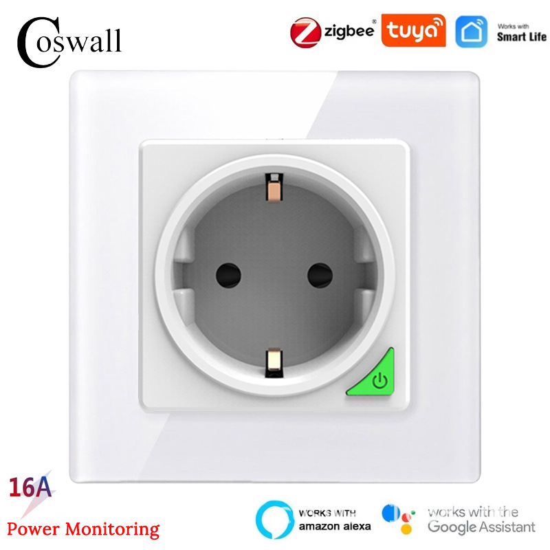 玻璃面板WIFI zigbee Tuya智能欧标欧规墙壁插座 带电量统计Alexa