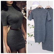 8008御姐包臀连衣裙夏季新款半高领收腰显瘦性感花灰色针织短裙女