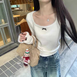 高品质蝴蝶结针织打底衫秋冬白色毛衣低领内搭修身短款上衣