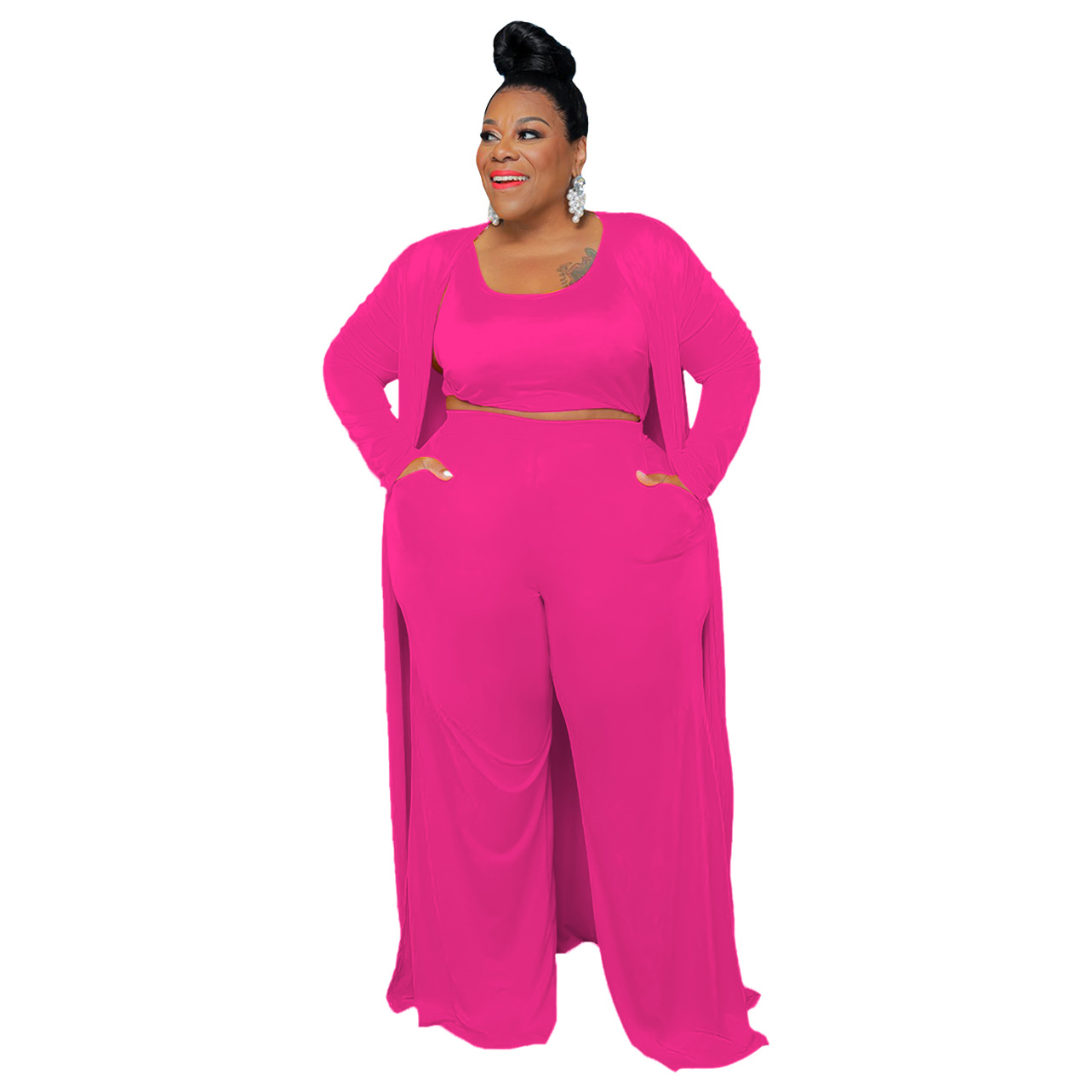 Casual Solid Color Spandex Polyester Pants Sets 3 Piece Set