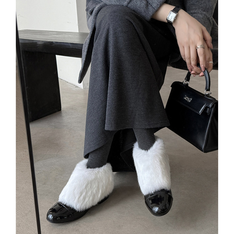 牛漆皮兔毛及裸靴女短靴子秋冬新款真皮圆头韩版低跟套短筒靴女靴