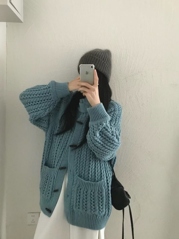 韩系慵懒风复古牛角扣高领针织开衫女秋冬季宽松加厚时尚毛衣外套|undefined