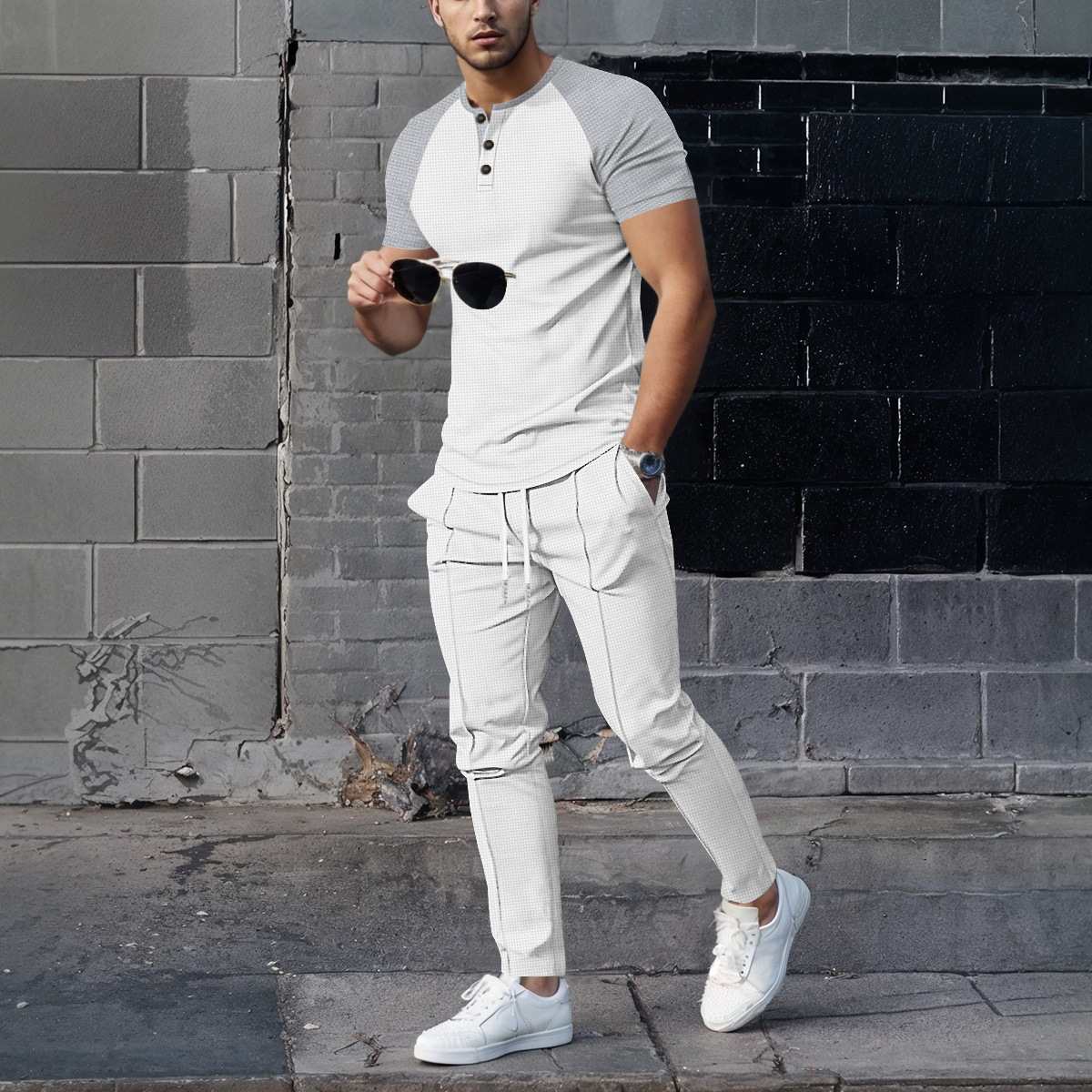 Men's Clothing Men's Summer Waffle Knit Crew Neck Color Block T-Shirt Short Sleeve Casual Outdoor Set For Formal & Casual_viptrois.com