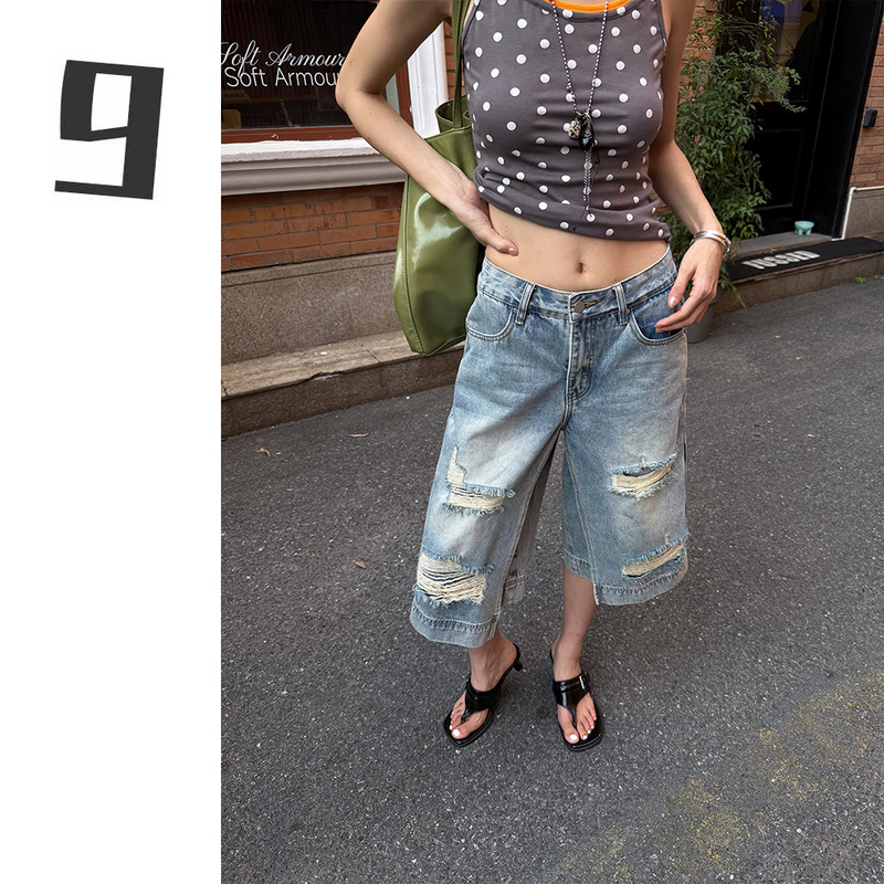 [9Hour] Fake Two-Piece Ripped Patchwork Low-Waist Denim Shorts for Women, Summer Loose Straight Wide-Leg Pants Cx3082