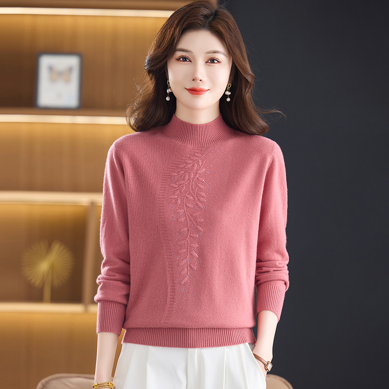 Half-Turtleneck Wool Sweater for Women, Autumn/Winter 2025 New Style, Embroidered Knit Sweater for Middle-Aged Moms, Base Layer Top Half-Turtleneck Wool Sweater for Women, Autumn/Winter 2025 New Style, Embroidered Knit Sweater for Middle-Aged Moms, Base Layer Top