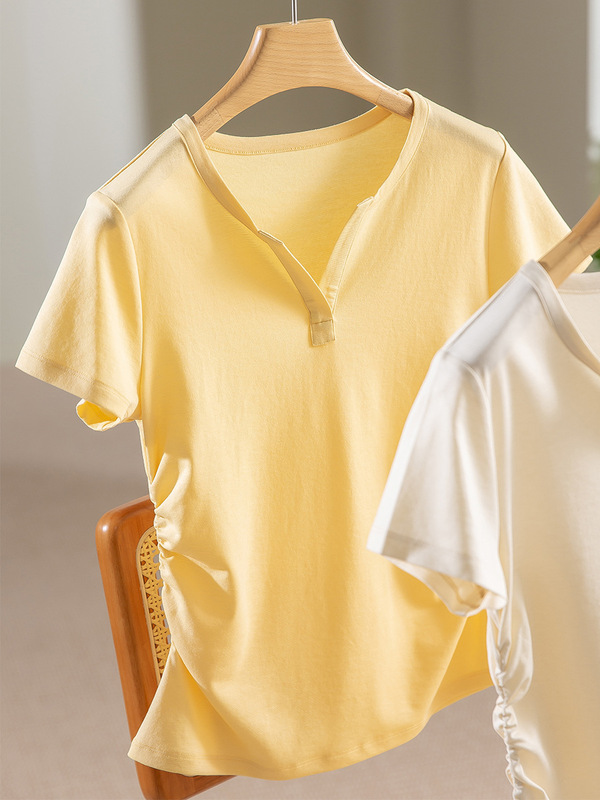 女性用右肩ハーフオープンカラースリムウエストTシャツ25夏新作不規則プリーツウエストデザインベーシックインナートップ|undefined