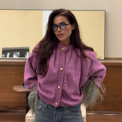 2025欧美跨境现货休闲百搭袖口毛毛拼接针织外套女秋冬款开衫毛衣