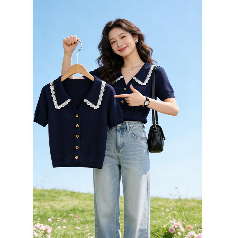 Niche High-End Style Polo Collar Short-Sleeve Knit Cardigan for Women, Early Spring Lace Gold Button Age-Reducing Commuter Top