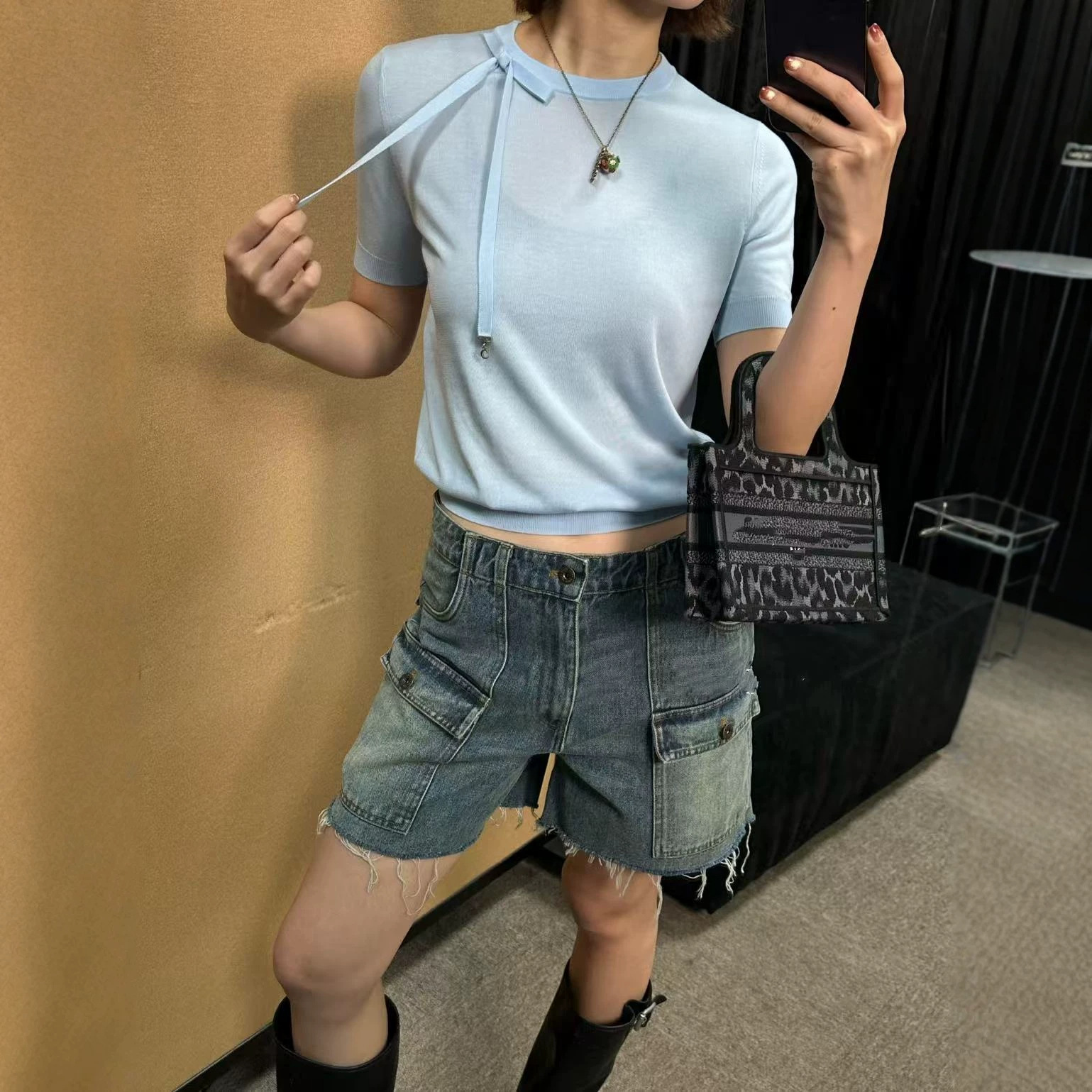 南油货~D家高版 26春夏新款圆领蝴蝶结系带装饰针织短袖上衣T恤女