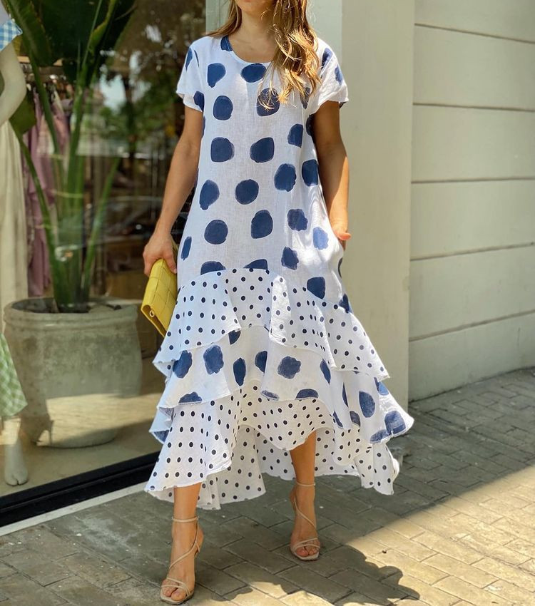 Cotton Blend Fabric Type Wholesale Women's Vacation Printing Round Dots Holiday Daily Round Neck Short Sleeve Swing Dress