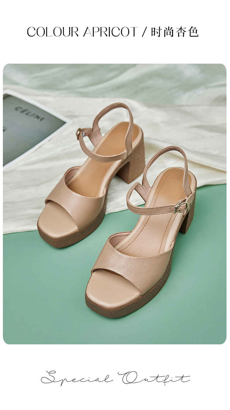 Sandal cao gót nữ quai ngang da thật đế dày chống thấm — Màu đen chi tiết 30