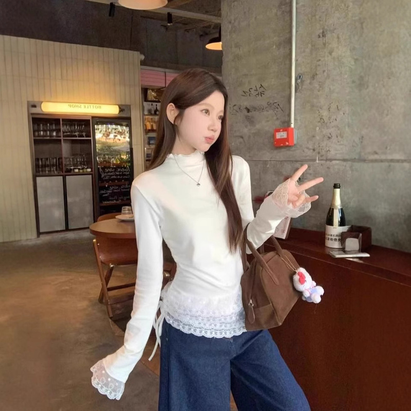 [Factory in stock] Cream White Double Lace Half-high Neck Long-sleeved T-shirt Women's Fleece Drawstring Tops