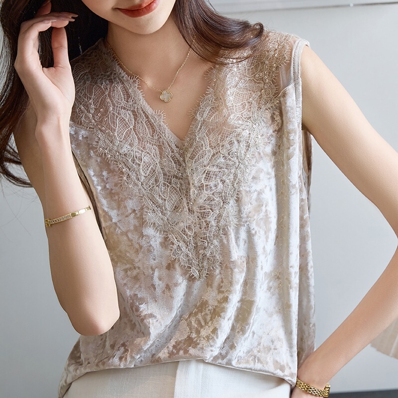 V-Neck Solid Color Velvet Vest for Women, New Spring/Summer Style with Sequins, Heavy Lace, Sexy Sleeveless Base Shirt Top