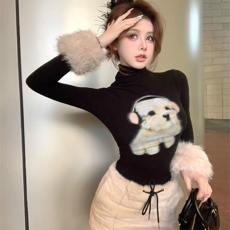 小狗印花高领长袖T恤女秋冬美式辣妹黑色紧身显瘦内搭打底衫上衣
