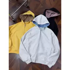 340G Heavy Cotton Blend Yellow American Plaid Retro Unisex Loose Streetwear Hoodie Casual Zip-Up Jacket