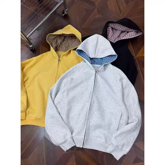 340G Heavy Cotton Blend Yellow American Plaid Retro Unisex Loose Streetwear Hoodie Casual Zip-Up Jacket