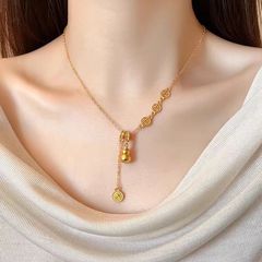 新中式镂空金色葫芦福牌流苏项链女复古高级感转运锁骨链毛衣链潮