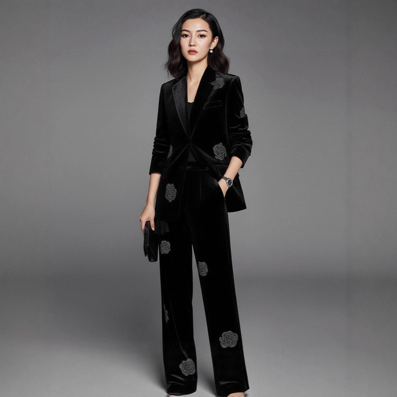 Black Hot Diamond Velvet Suit for Women, Spring & Fall Professional Elegant Women's Suit, High-End Feminine Suit Two-Piece Set Black Hot Diamond Velvet Suit for Women, Spring & Fall Professional Elegant Women's Suit, High-End Feminine Suit Two-Piece Set