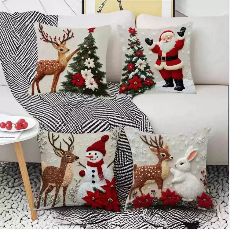 现货圣诞节抱枕套节日麋鹿兔子装饰沙发氛围感装饰亚麻超柔抱枕套