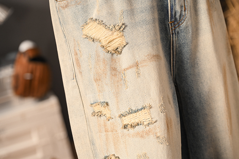 Vintage Denim Jeans For Men Distressed Wide Leg Patchwork Retro_voghion.com