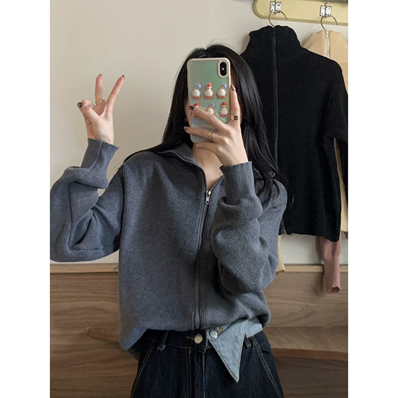 Cardigan sweater, women's zip-up knitted jacket, autumn 2023 trend, one size (fits all)
