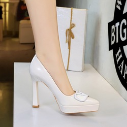 8399-K117 European and American sexy super high heels women's shoes, patent leather pointed shallow mouth waterproof platform, fashionable V-button single shoes for women