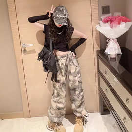 儿童迷彩裤套装春秋2024新款洋气女童秋装工装裤子大童断袖打底衫