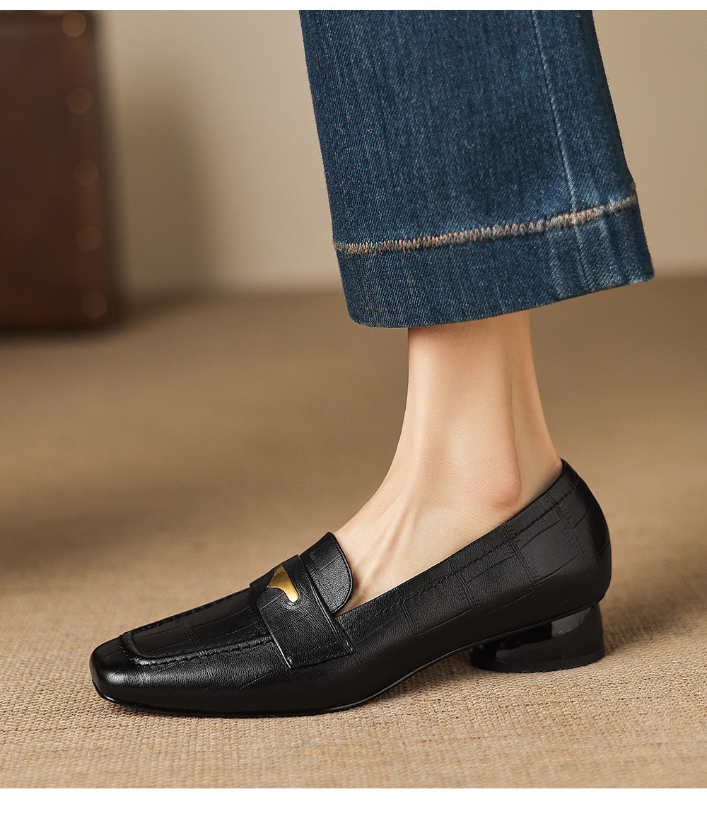 Giày loafer nữ da dê mũi vuông gót thấp kiểu cổ điển — đen chi tiết 15