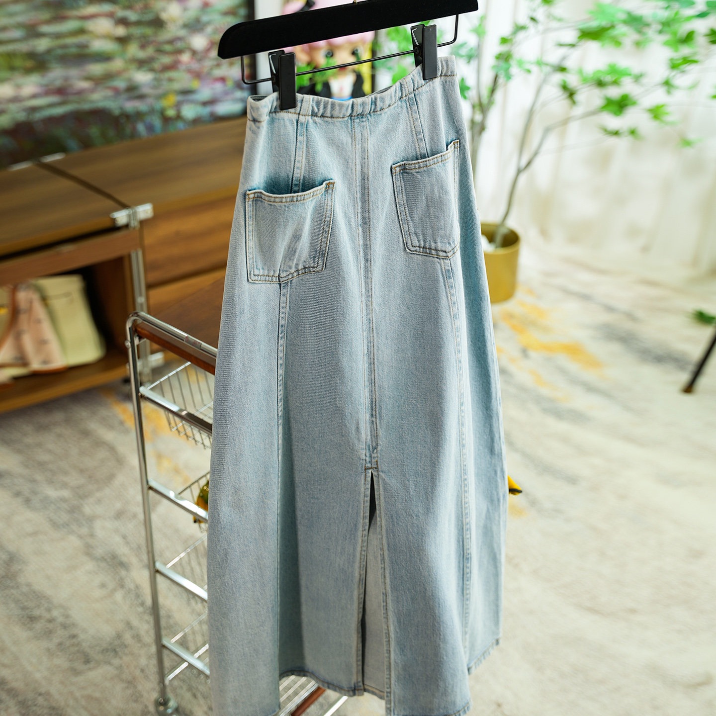 Versatile High-Waisted Long Denim Skirt with Back Slit for Summer 0320
