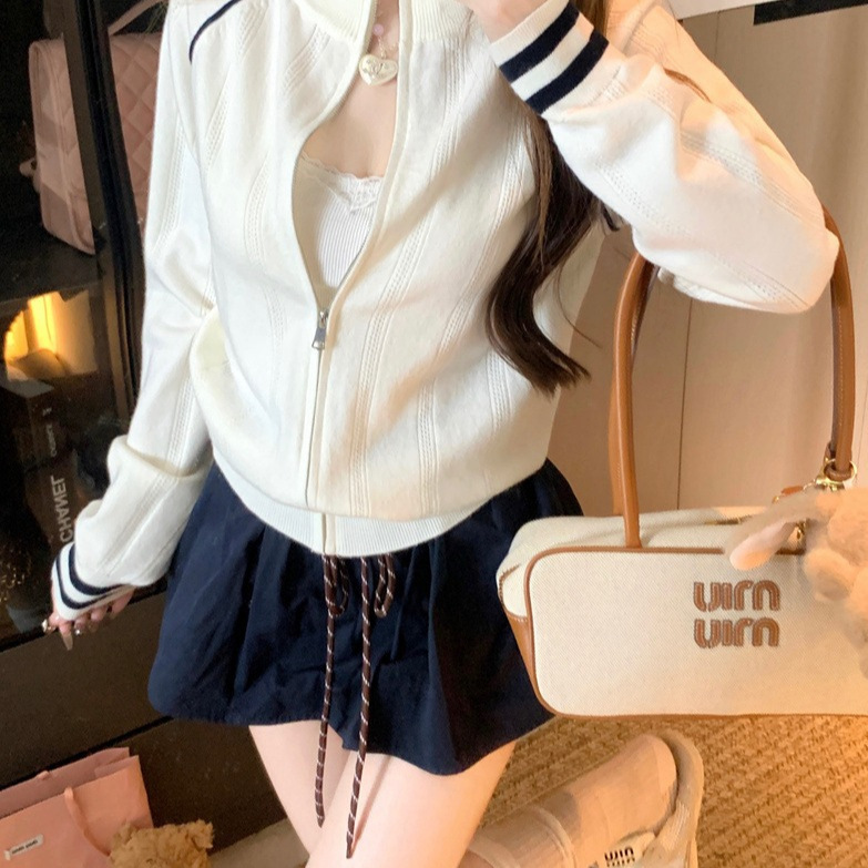 学院风白色立领毛衣外套女秋冬季拉链针织开衫小个子短款运动上衣|undefined