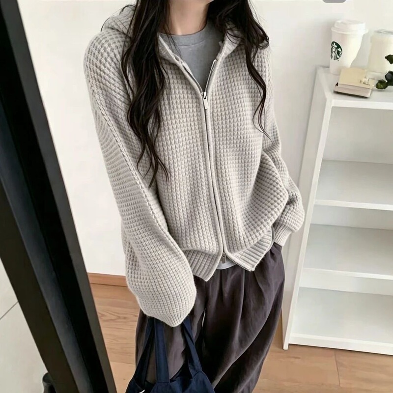 YS Waffle Knit Casual Zipper Cardigan Top for Women, New Autumn/Winter Style, Relaxed Vintage Hoodie Sweater for Outerwear