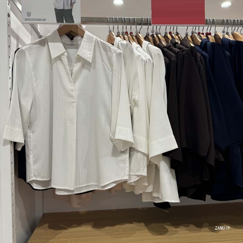 Stylish half-open collar shirt with three-quarter sleeves, striped women's casual and workwear shirt 487528 482824 487527